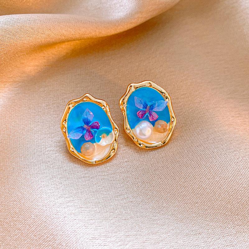 Monet garden oil painting style flower pearl earrings light luxury stud earrings French sweet small fresh earrings women