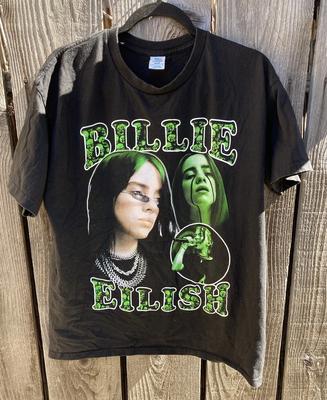 Camiseta Billie Eilish para Mujer Cara Negra Doble Estampado L Cuello Redondo Algodón Cantante R&B