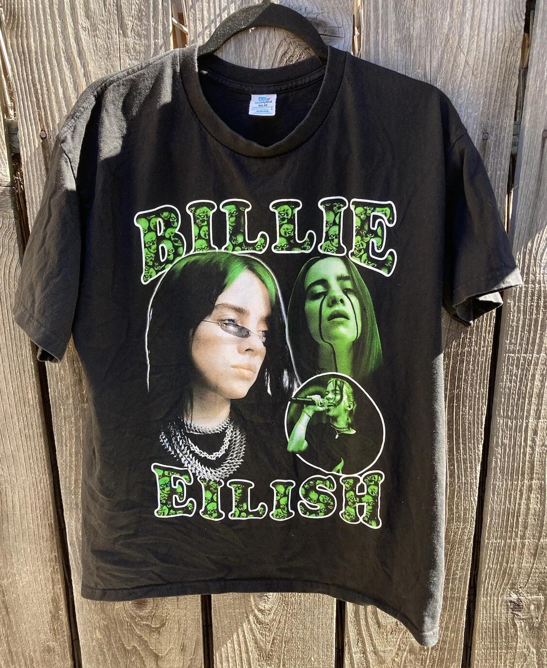 Женская футболка Billie Eilish Черное лицо Двойная печать L Круглый вырез Хлопок Певец R&B XL