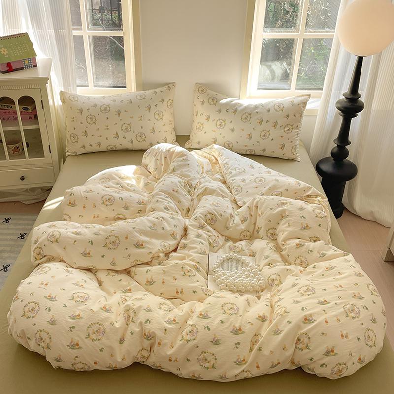 Cute Girl Duvet Cover Set Floral Pastoral Style Duvet Cover Fluffy Comfortable 4Pcs Bedding Set with 1Flat Sheet Pillowcase