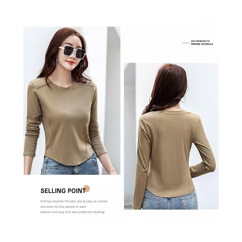 [OKJCON] Ladies T-shirt Long Sleeve Spring Plain Color Casual Fashionable Large Size (JP, Alphabet, L, Khaki)