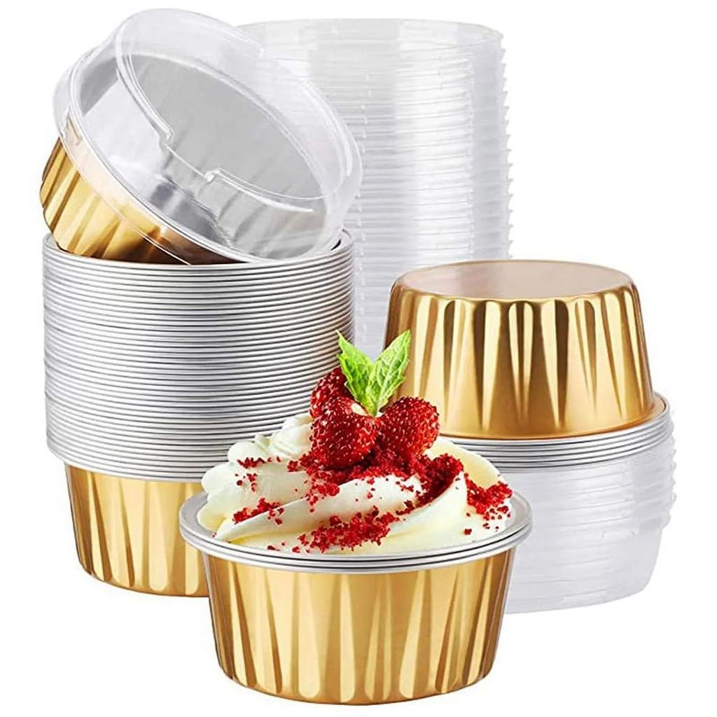 Dessert Cups With Lids, 50 Pieces Gold Aluminum Foil Baking Cup Holders, Cupcake Baking Practical Ramekins Transparent Pudding Cups