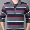 Camisas polo listradas masculinas da moda, novas camisas polo coreanas para negócios, primavera/outono, casuais, manga comprida, bolsos na lapela, roupas masculinas, tops de algodão, 2025