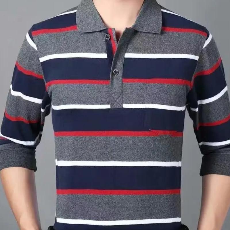 Camisas polo listradas masculinas da moda, novas camisas polo coreanas para negócios, primavera/outono, casuais, manga comprida, bolsos na lapela, roupas masculinas, tops de algodão, 2025