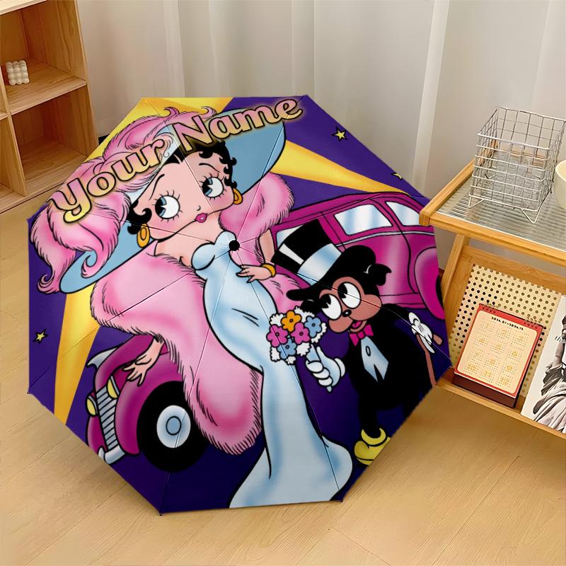 Custom Text Automatic 8 Bone Umbrella, Portable Sun Rain Protection UmbrellaBetty Boop