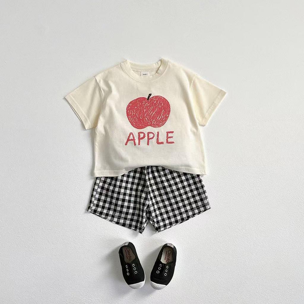Printed Fruit T-shirt Girls Two Piece Set Summer Clothes Fashion Korean Style Children Short Sleeve Tees + Plaid Shorts Outfits