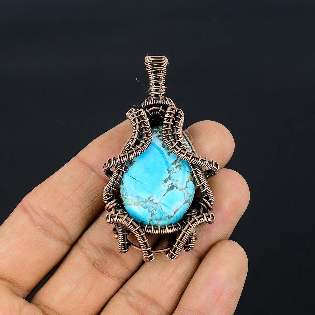 Tibetan Turquoise Pendant, 999 Copper Wire Wrapped Gemstone Jewelry, Handmade Pendant, For Thanksgiving