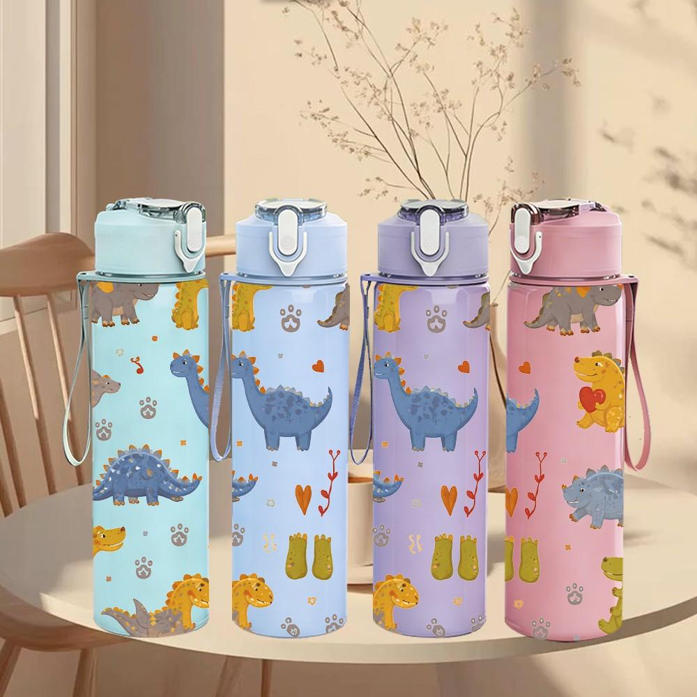 1PC Cute Dinosaur Seamless Pattern Print 750ml Color Plastic Sports Water Bottle Leakproof Flip Straw Lid Suitable for Sports Office Home Use