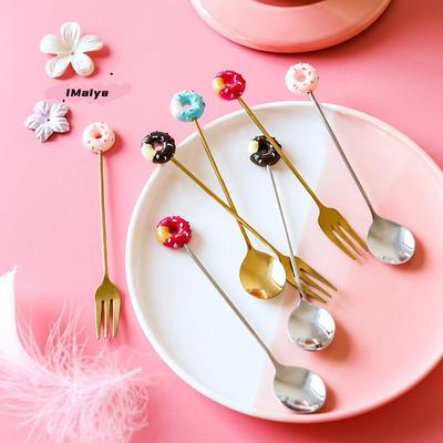 Cute Stainless Steel Donut Shaped Spoon Fork Ice Cream Cake Dessert Spoons Coffee Stirring Spoon Candy Cartoon Teaspoon