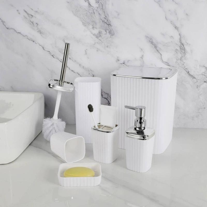 6Pcs Modern Bathroom Storage Set Includes Toothbrush Holder Hydraulic Liquid Dispenser Bottle Trash Can Cup Set
