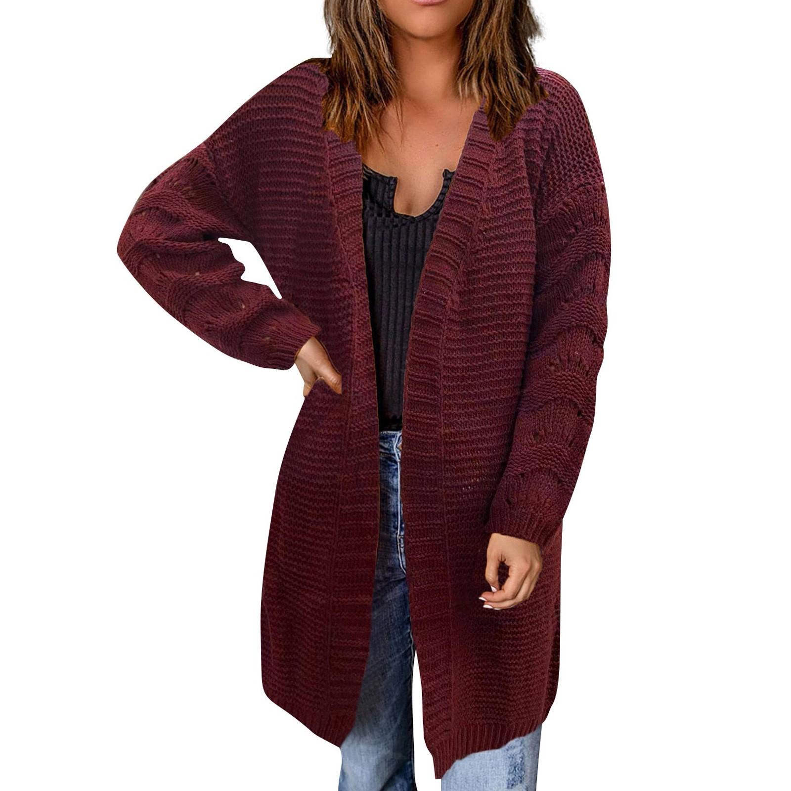 

Женский свободный повседневный вязаный кардиган с длинными рукавами, свитер с длинными рукавами, модная куртка XL винный