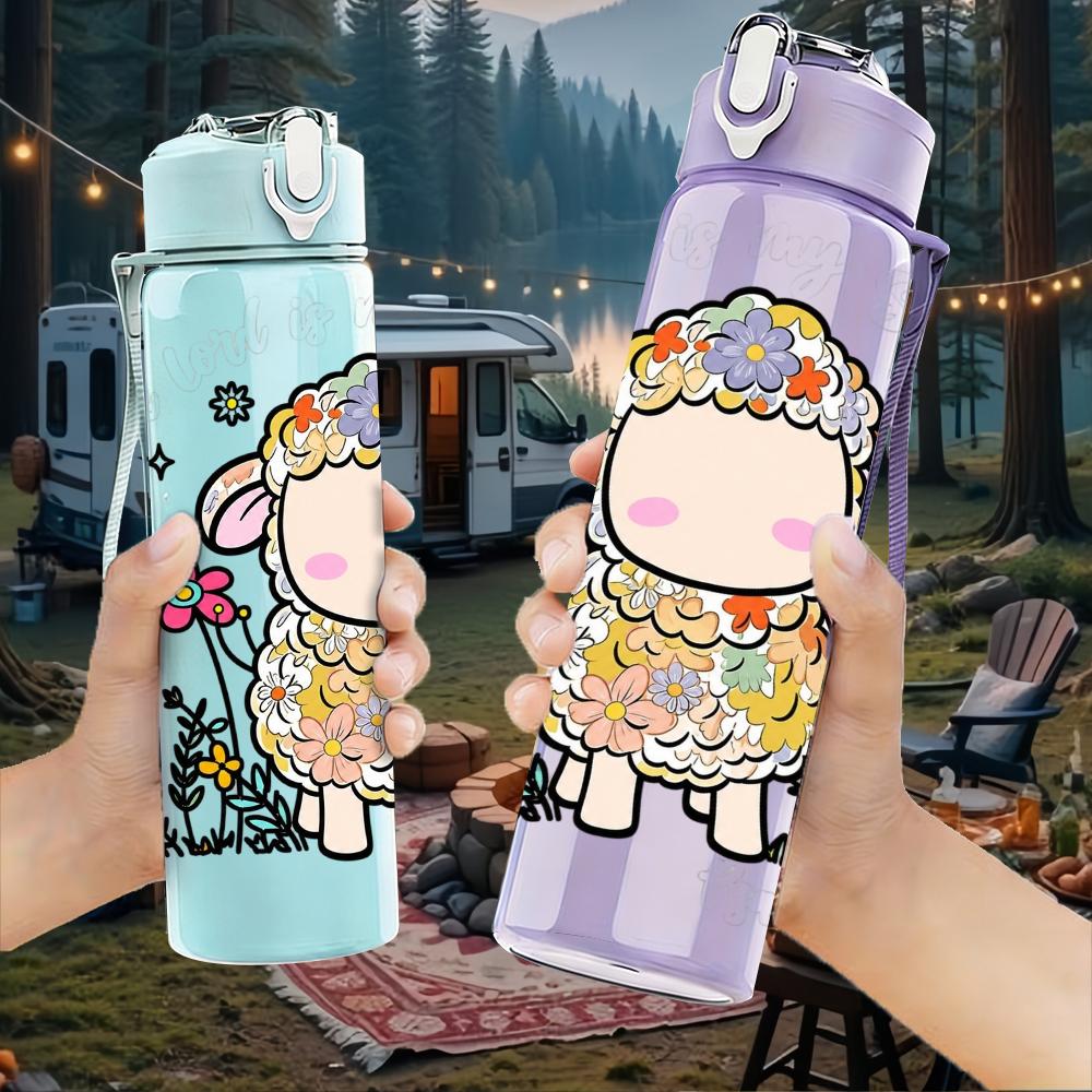1PC Floral Sheep Cartoon Graphic,750ml Color Plastic Sports Water Bottle,Leakproof Flip Straw Lid,Suitable for Sports Office Home Use