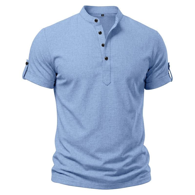 Mens Short Sleeve Stand Collar Henley Casual Summer Shirt S синий