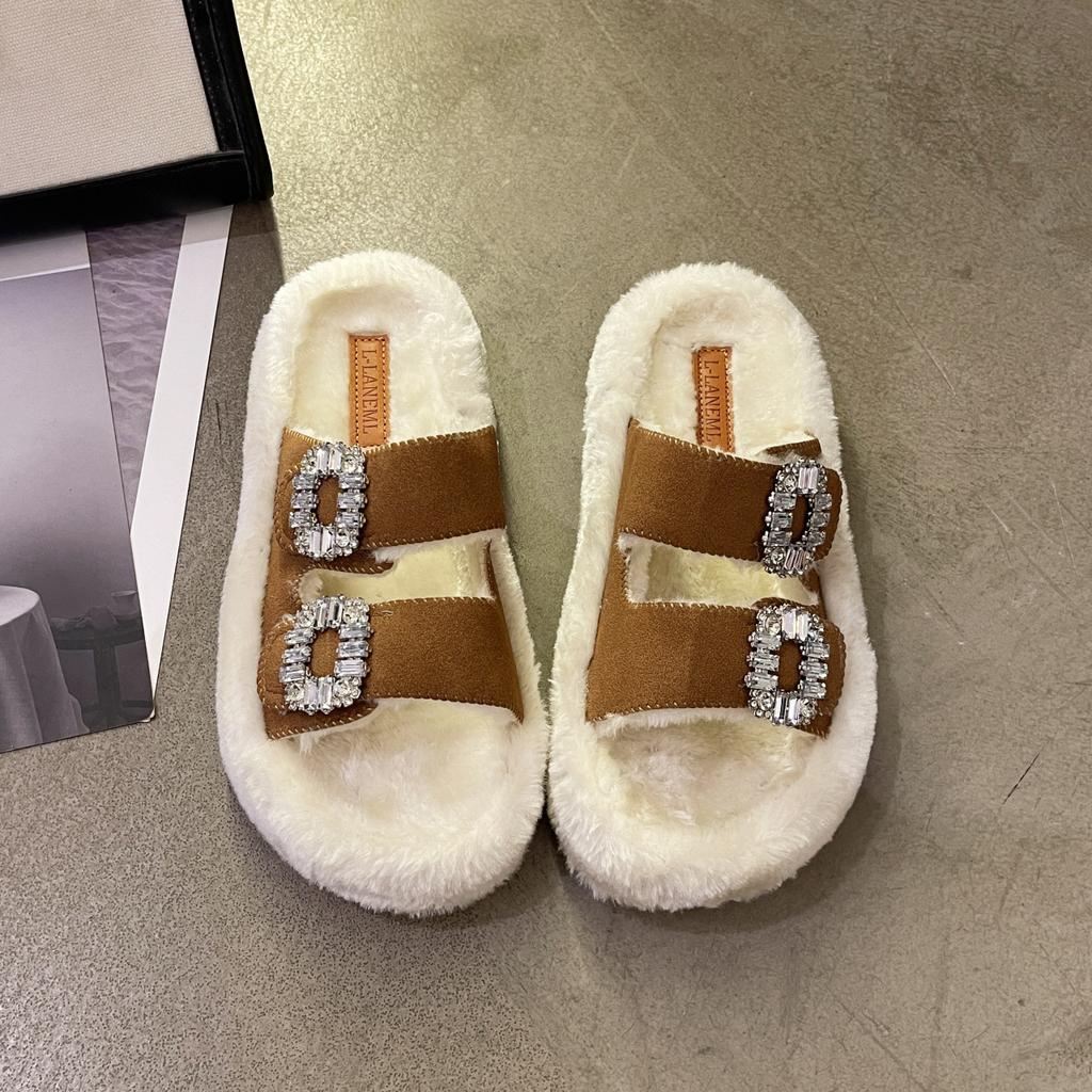 Fashion 2024 Women's New Thick Bottom Hairy Slippers  Women's Large Size Water Diamond, Autumn Winter with Plush Cotton Slippers