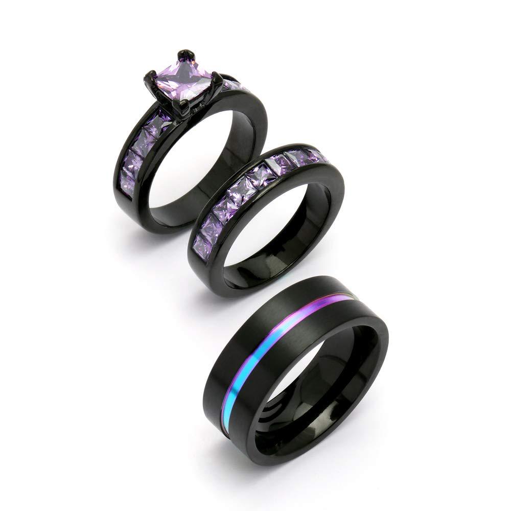 Fashion Couple Rings For Women Purple Rhinestones Zircon Rings Set Simple Titanium Steel Men Ring Wedding Party Jewelry Gifts
