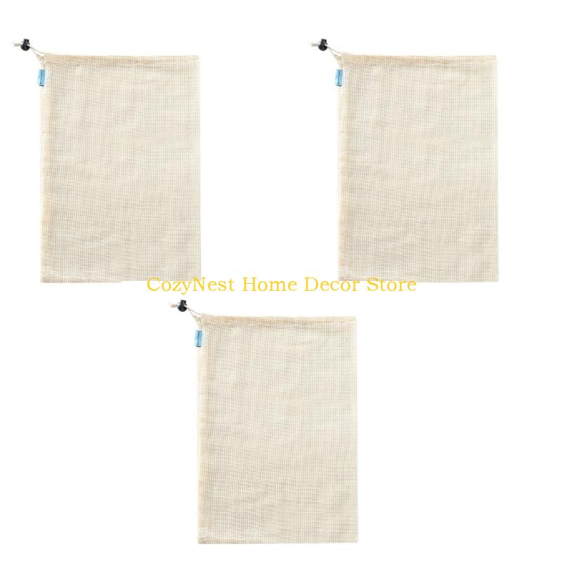 92MF Reusable Cotton Meshes Produce Bags Drawstring Closure Multiple Sizes For Fruits Vegetables Storage Organizers