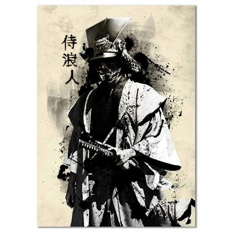Vintage Ink Mural Modern Japanese Samurai Wall Art Poster Home Decor Picture Print Canvas Painting Living Room Light Decoration