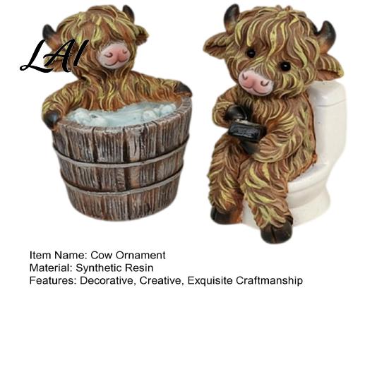 Weather Resistant Garden Statue 2Pcs/Set Funny Highland Cow Figurine Bathing and Toilet Sitting Ornament Realistic Resin Indoor Outdoor Figurine