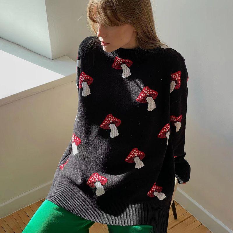 

European and American Mushroom Jacquard Sweater Loose Contrast Color Pullover Knit Mushroom Jacquard Sweater Black M