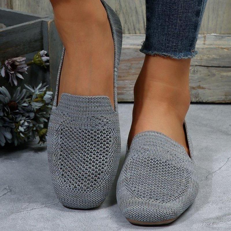 Womens New Solid Color Square Toe Mesh Loafers Shallow Soft Bottom Knit Casual Slip on Boat Flats