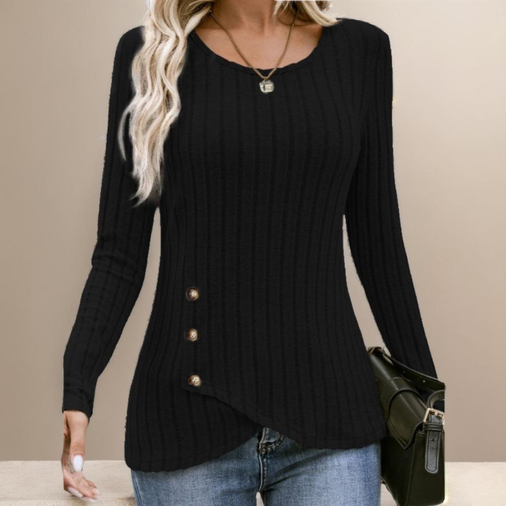Women's Long-sleeved V-neck Top for Women's Buttons Asymmetric Knitted Base Shirt T-shirt for Women