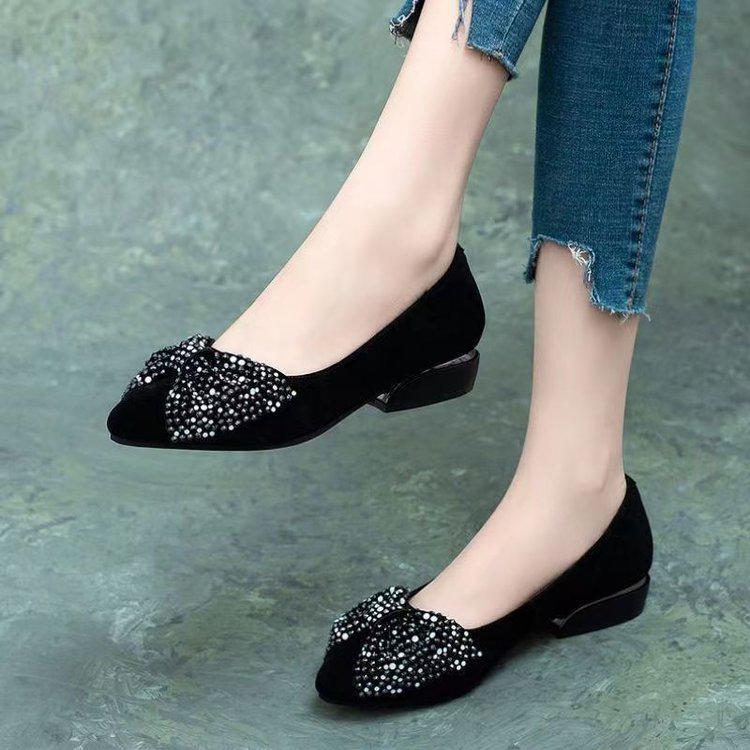 Spring 2025 Rhinestone Bow Low-Cut Women's Flats, Pointed Toe Slip-On Work Shoes with Chunky Heel