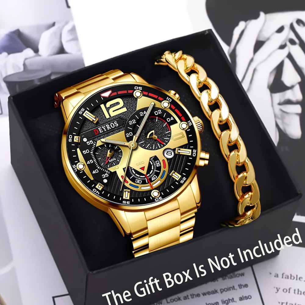

2Pcs Fashion Sporty Men s Watch Gloden Alloy Analog Watch Bracelet Quartz Wrist Watch Jewelry Set The Perfect Gift for Men No
