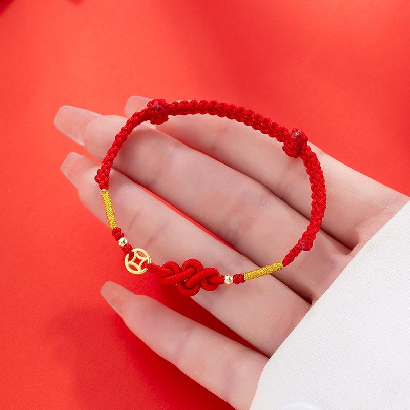 Handgefertigtes geflochtenes Glücksknoten Kupfermünz Armreif für Frauen Männer Rotes Seil Beste Freunde Liebende Geschenk Armband Accessoire