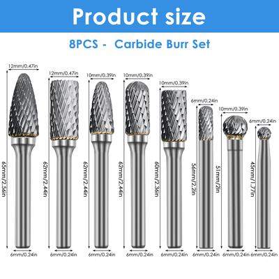 8/10PCS Rotary Carbide File Tungsten Steel Milling Cutter Rotary Tool Deburring 1/4 and 1/8 Inch Shank Metal Engraving Grinding