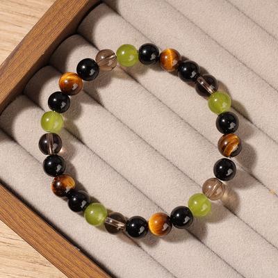 Cadeaux Festifs Bracelet à Perles Œil de Tigre Onyx Noir Préhnite Verte Et Quartz Fumé Bijoux de Mode Accessoire Simple Polyvalent pour le Quotidien