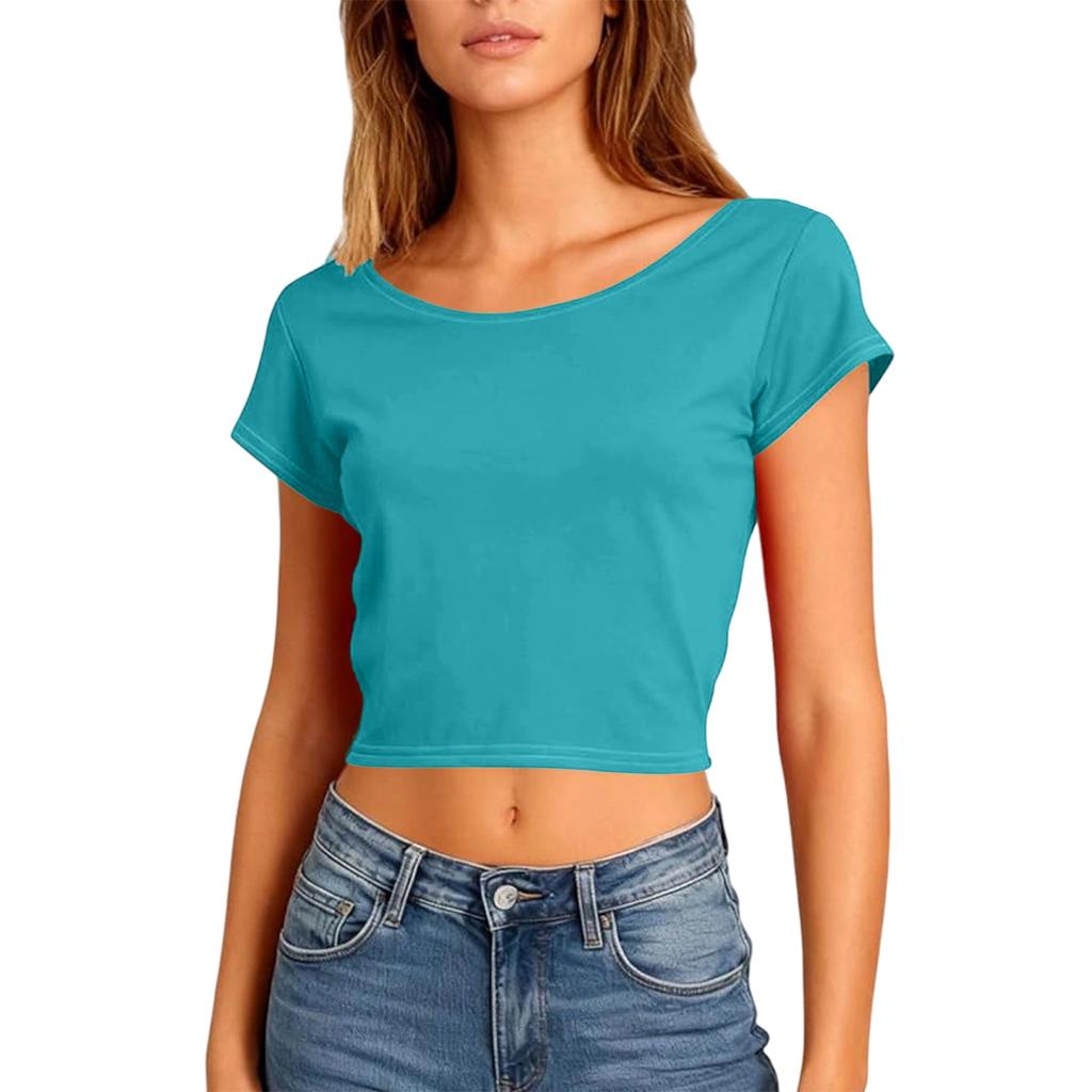 Women Summer Slim Fit Short Sleeve Crop Tops Sexy Backless T-Shirts
