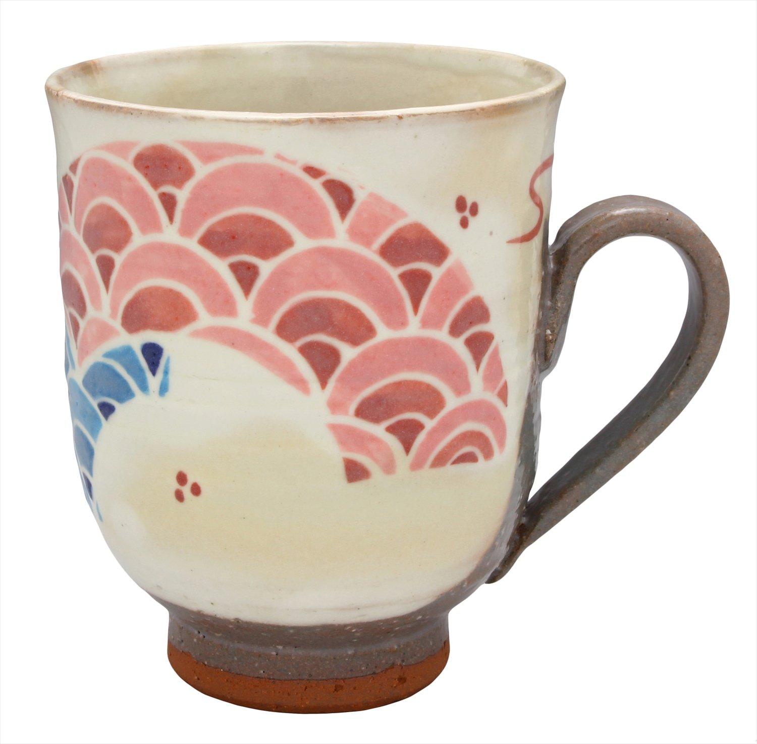 

Kyo-yaki and Kiyomizu-yaki mug by Keiji Funahara (presented in a gift box) with a fan-shaped blue ocean wave pattern