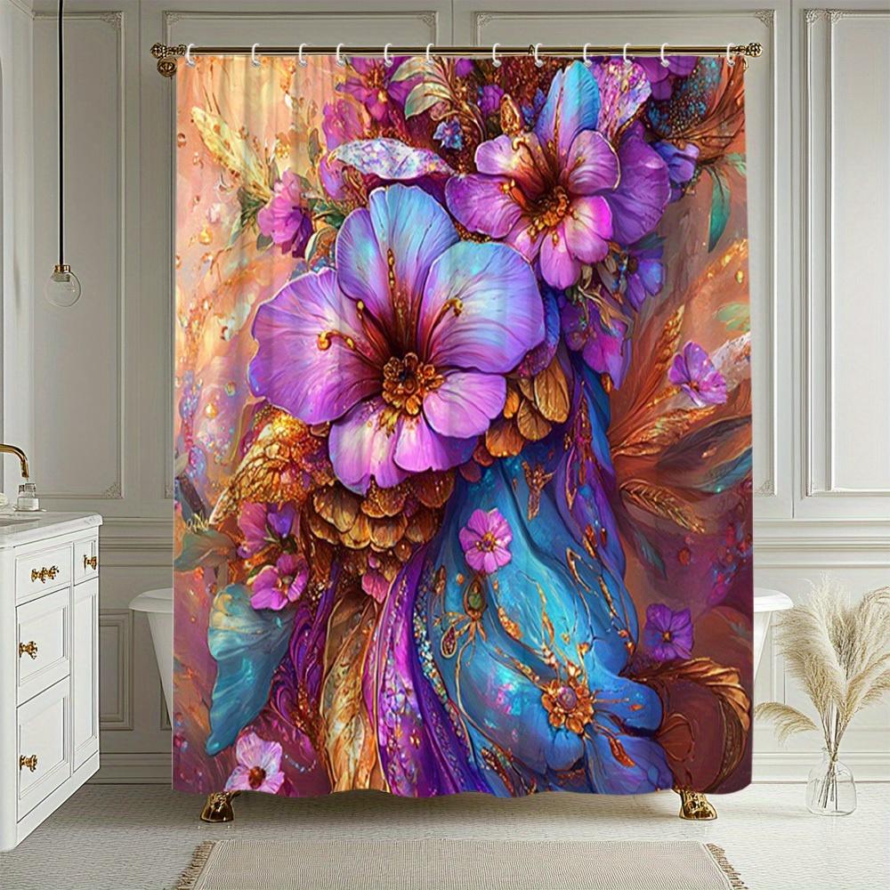 Luxurious Purple Floral Print Waterproof Shower Curtain for Bathroom, Elegant Artistic Design High-End Toilet Partition Curtain