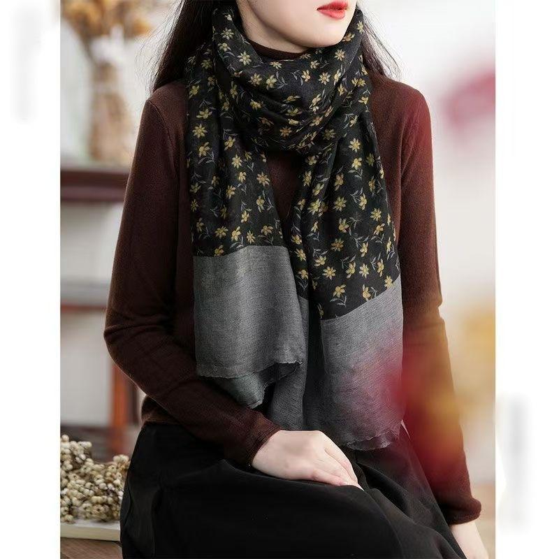 Literary And Simple Splicing Floral Scarf Women'S Autumn Versatile Atmosphere Spring And Autumn Warm Silk Scarf