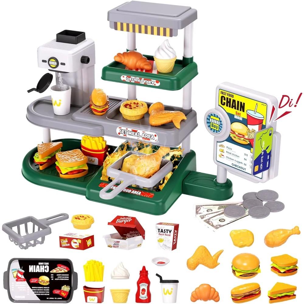 71pcs Pretend Play Fast Food Toys Cash Register Toys Realistic Food Sets for Toddlers Water Dispenser Hamburger Sandwich