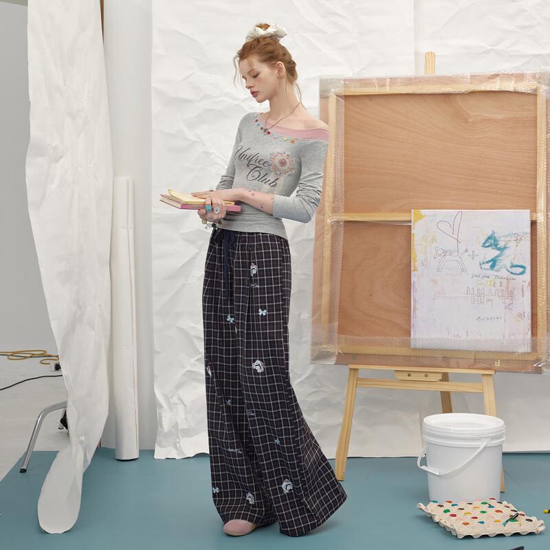 UNIFREE 2026 Spring Low-Waist Plaid Wide-Leg Casual Pants M