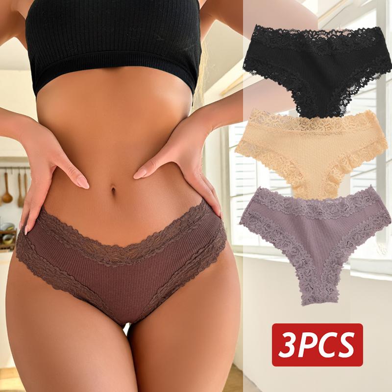 

3 шт./компл. Сексуальные кружевные трусики для женщин, хлопковые трусики-бразильяна, женское нижнее белье с низкой посадкой, дышащее, однотонные цвета, цветочное кружево XL&3pcs