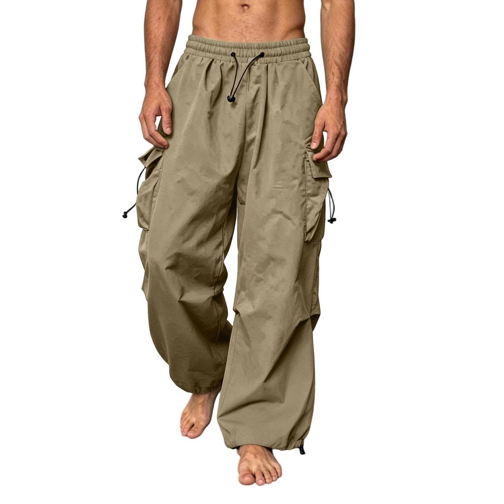 Men's Loose Fit Casual Cargo Pants Elastic Waistband Drawstring Adjustable Hem Multi Pocket Utility Trousers for Everyday Wear