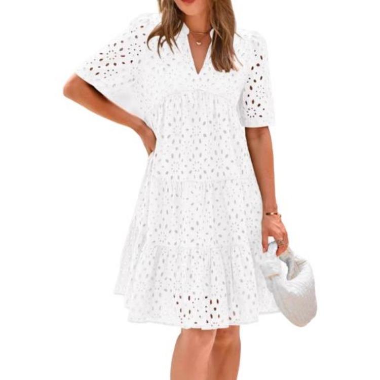 Summer Women's Flowy V-Neck Sundress Casual Hollow Out Midi Dress A-Line Tiered Eyelet Short Sleeve Beach Dress