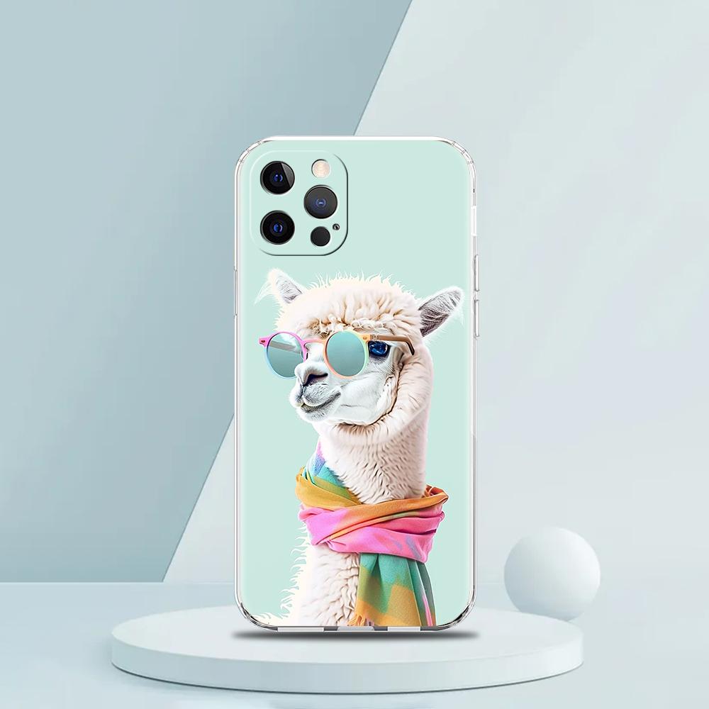 For iPhone 15 16 14 13 12 mini 11 Pro Max XS X XR SE 7 8 Plus Silicone Clear Cover Kawaii Alpaca lovely Luxury Phone Case