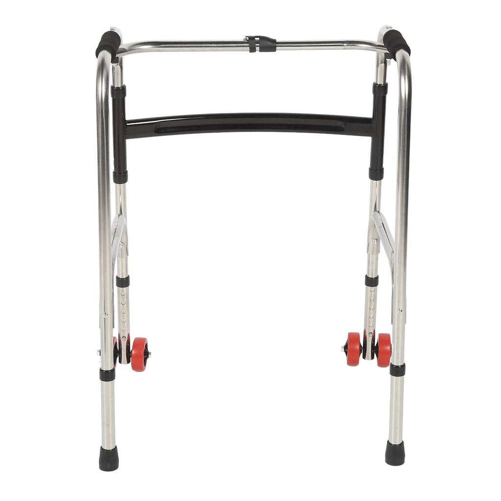 Elderly Folding Walker 6 Height Adjust 4 Legs Stainless Steel Walking Aid with Red Wheels Single Ben