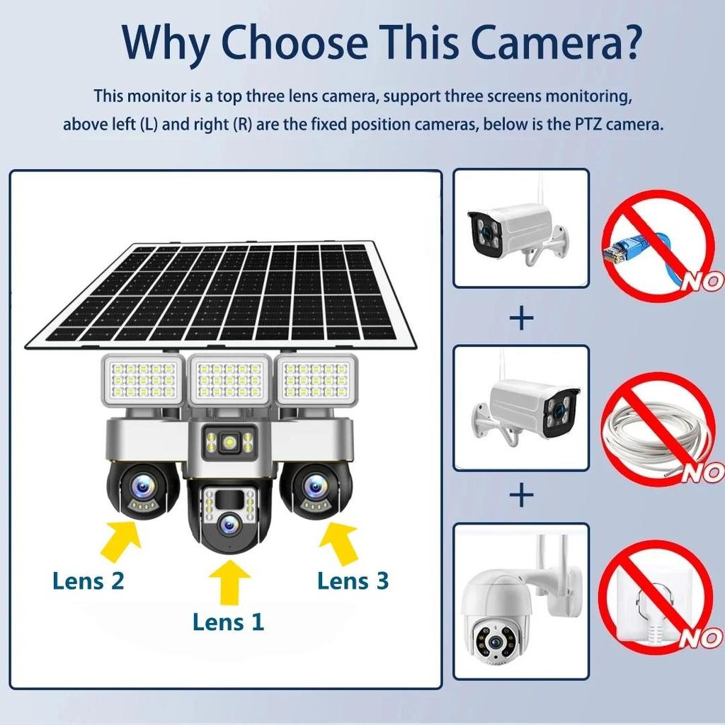 LS VISION V380 Pro 15MP 8K Three Lens WIFI Solar Camera Outdoor Waterproof PIR Humanoid Detection Security Video Monitor Night Vision
