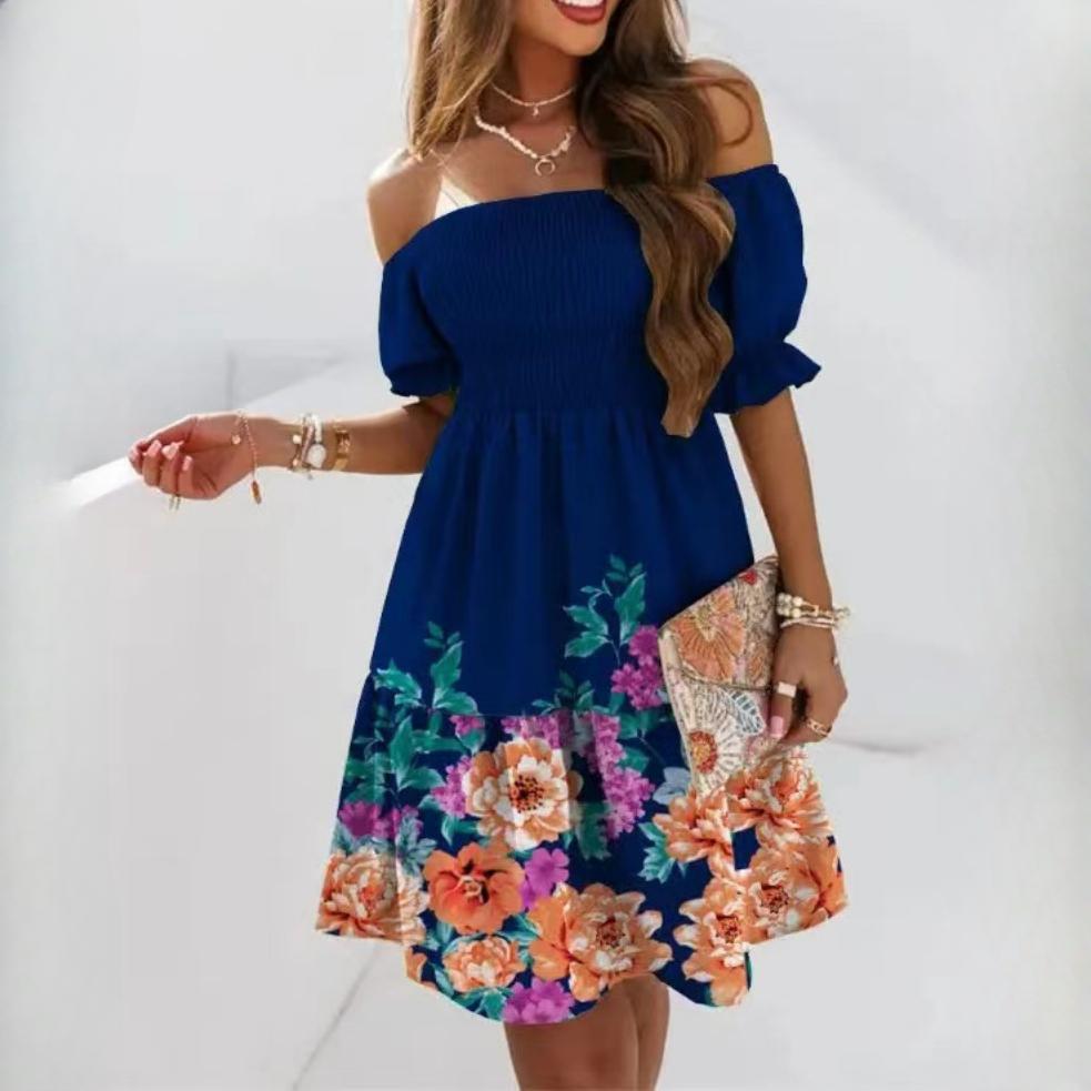 BITCED Women's Short Sleeve One Neck Waist Ruched Printed Dress