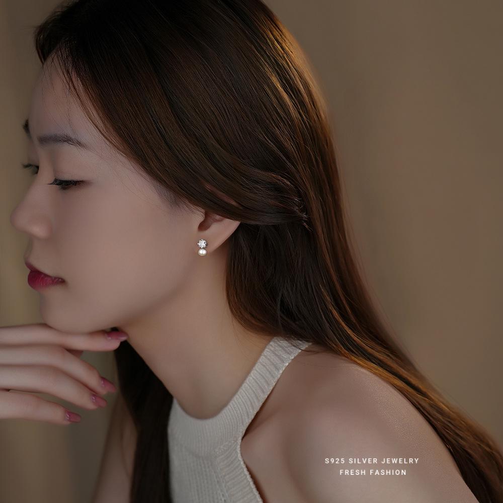 Real 925 Sterling Silver Freshwater Pearl Zircon Stud Earring Gift for Women Party Fine Jewelry Gift