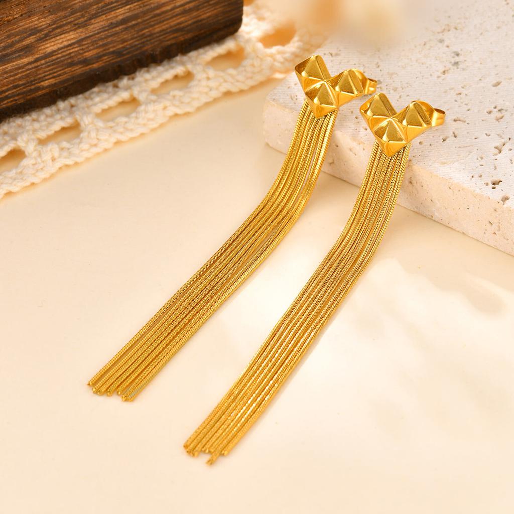 Stainless Steel Heart Long Tassel Drop Dangle Earring for Women, Prom Party Accessorie