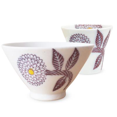 J-Kitchens Hasami Ware Tea Bowl and Teacup Set by Kunzangama, Microwave-Safe, Made In Japan (Tea Bowl 11x6.5cm, Cup 130cc), Dahlia Purple