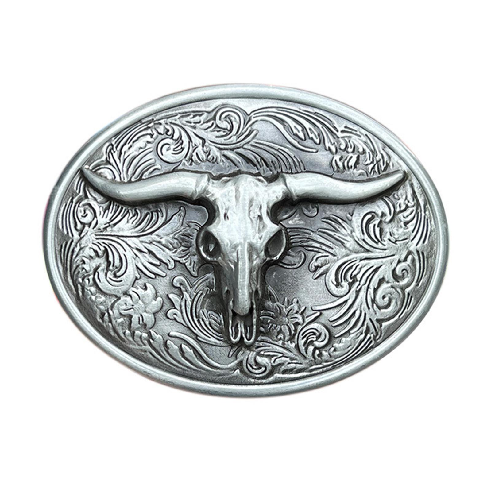 

Vintage Carved Floral Pattern Belt Buckle Metal Adult Bull Head Shape Buckle Replacement DIY Craft Belt Oval Buckle B