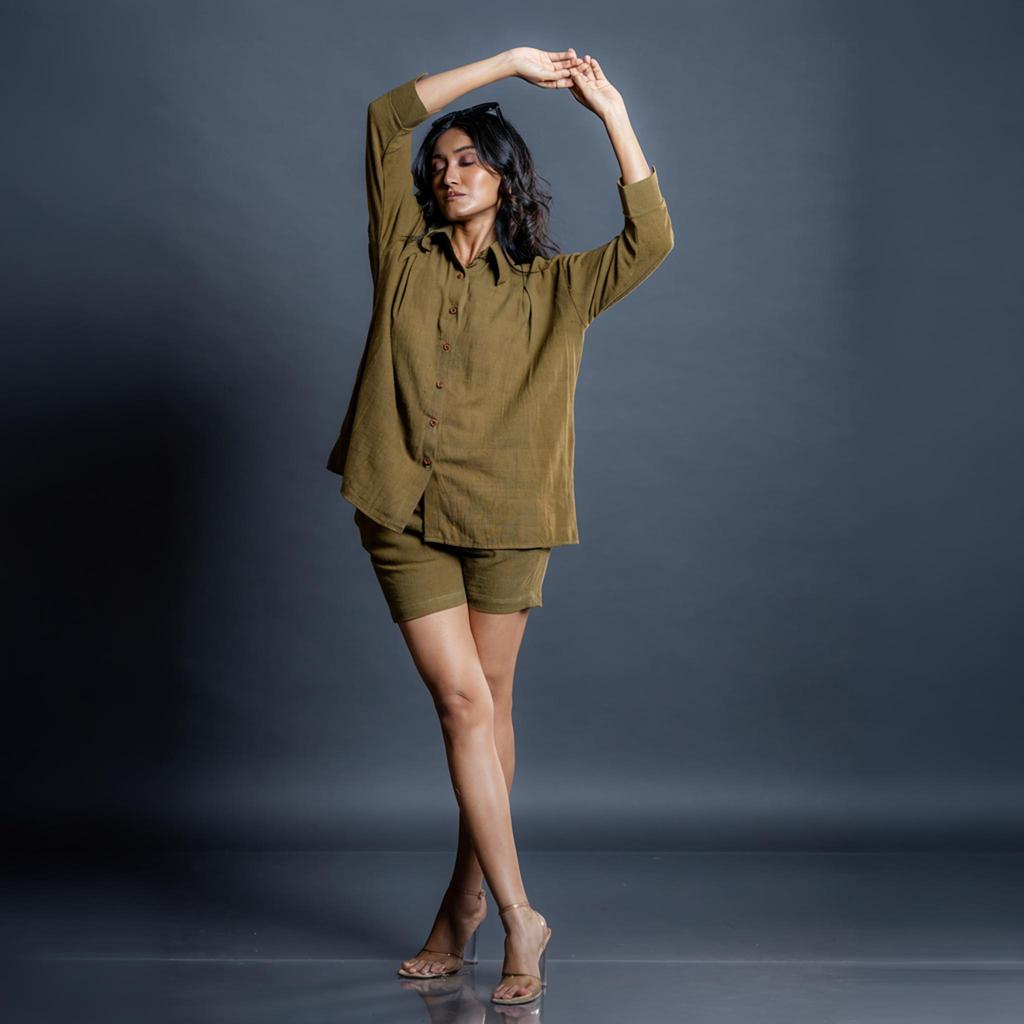 Women’s Olive Cotton 2pcs Set Casual Oversized Shirt Shorts Set Summer Outfit for Travel Lounge Wear Daily Wear