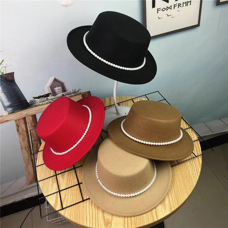 Hat Women's New Pearl Chain Flat Top Woolen Hat Elegant Casual European, American British Flat Edge Retro Hat