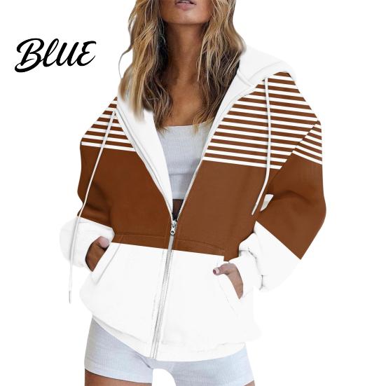Loose Fit Women Jacket Fall Winter Hoodie Zipper Closure Casual Breathable Striped Coat with Pockets Drawstring Hooded Long Sleeves Top